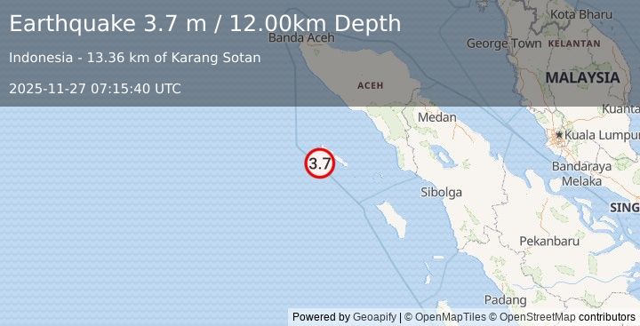 Earthquake SIMEULUE, INDONESIA (3.7 m) (2025-11-27 07:15:40 UTC)