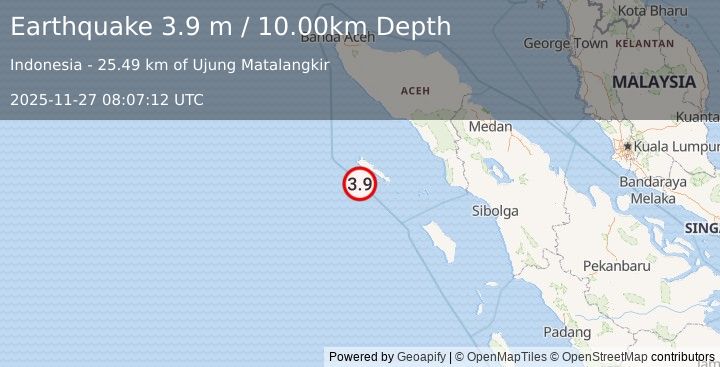 Earthquake SIMEULUE, INDONESIA (3.9 m) (2025-11-27 08:07:12 UTC)