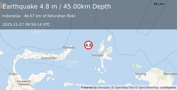 Earthquake MOLUCCA SEA (4.8 m) (2025-11-27 09:59:14 UTC)