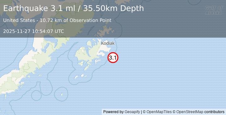 Earthquake KODIAK ISLAND REGION, ALASKA (3.1 ml) (2025-11-27 10:54:07 UTC)