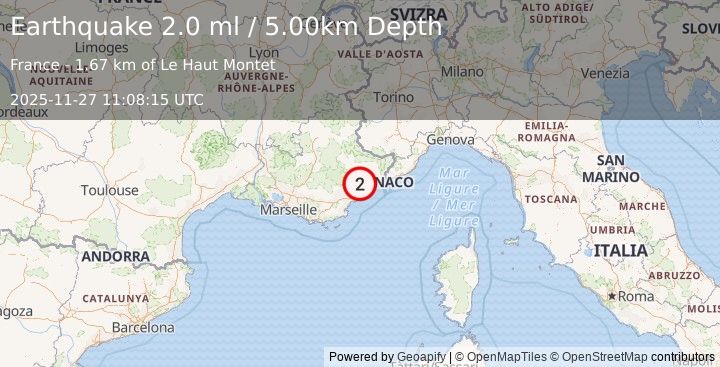 Earthquake NEAR SOUTH COAST OF FRANCE (2.0 ml) (2025-11-27 11:08:15 UTC)
