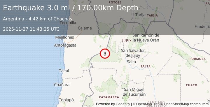 Earthquake SALTA, ARGENTINA (3.0 ml) (2025-11-27 11:43:25 UTC)