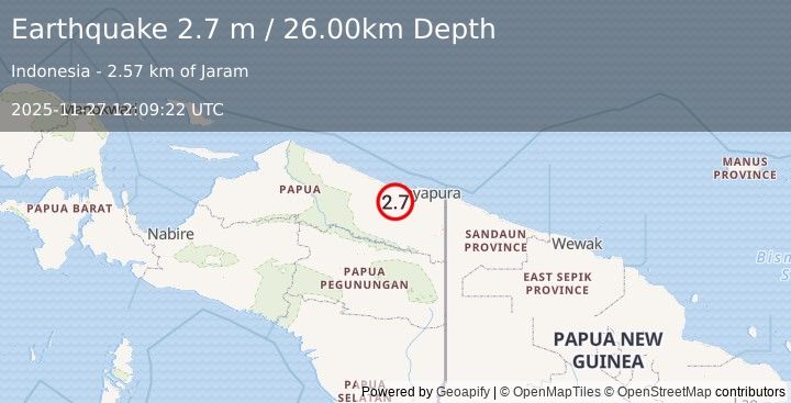 Earthquake NEAR N COAST OF PAPUA, INDONESIA (2.7 m) (2025-11-27 12:09:22 UTC)