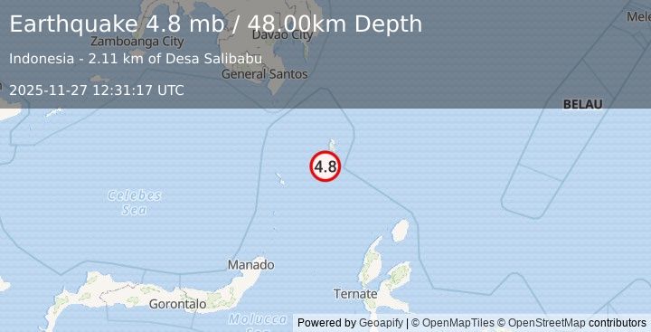 Earthquake KEPULAUAN TALAUD, INDONESIA (4.8 mb) (2025-11-27 12:31:17 UTC)