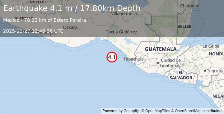 Earthquake OFFSHORE CHIAPAS, MEXICO (4.1 m) (2025-11-27 12:46:36 UTC)