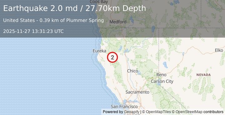 Earthquake NORTHERN CALIFORNIA (2.0 md) (2025-11-27 13:31:23 UTC)