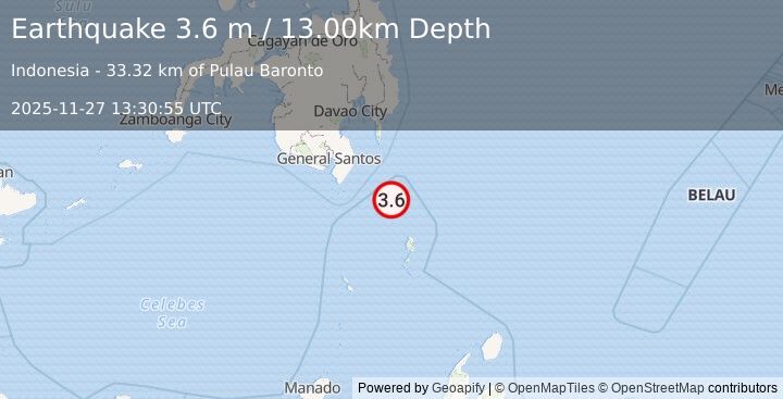 Earthquake MINDANAO, PHILIPPINES (3.6 m) (2025-11-27 13:30:55 UTC)
