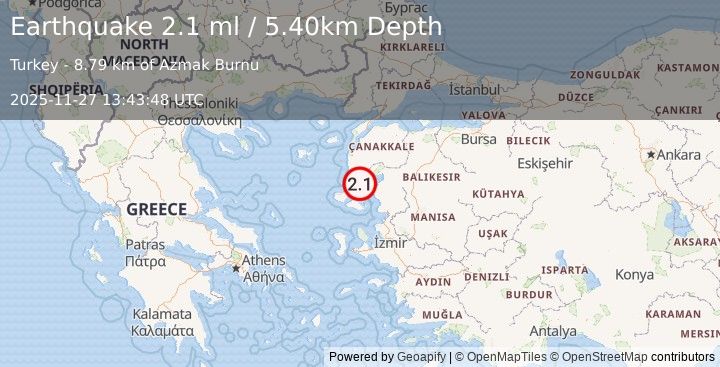 Earthquake NEAR THE COAST OF WESTERN TURKEY (2.0 ml) (2025-11-27 13:43:47 UTC)