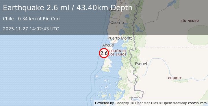 Earthquake ISLA CHILOE, LOS LAGOS, CHILE (2.6 ml) (2025-11-27 14:02:43 UTC)