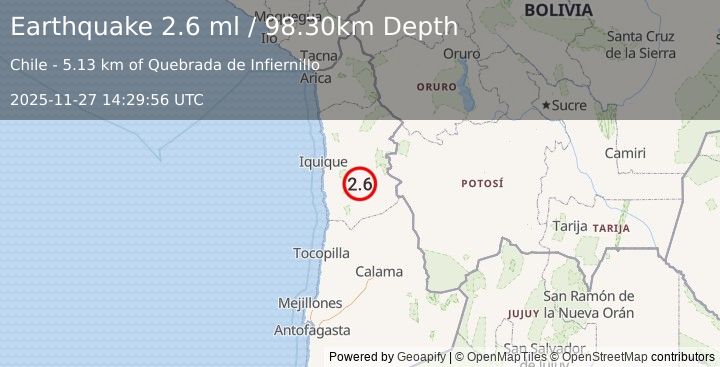 Earthquake TARAPACA, CHILE (2.6 ml) (2025-11-27 14:29:56 UTC)