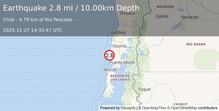 Earthquake LOS LAGOS, CHILE (2.7 ml) (2025-11-27 14:33:53 UTC)