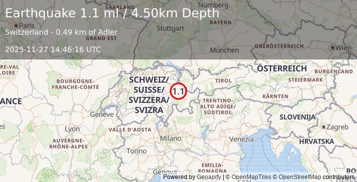 Earthquake SWITZERLAND (1.1 ml) (2025-11-27 14:46:16 UTC)