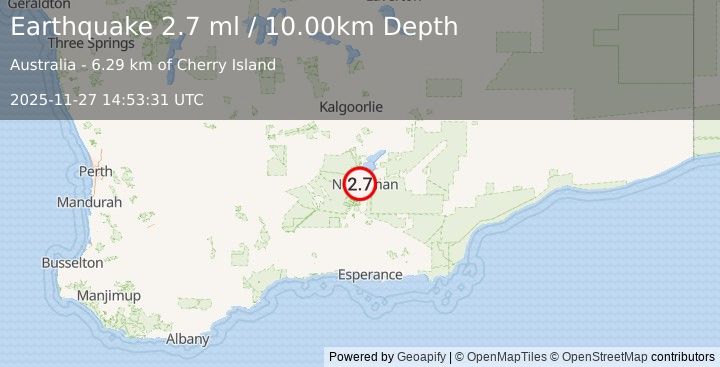 Earthquake WESTERN AUSTRALIA (2.7 ml) (2025-11-27 14:53:31 UTC)