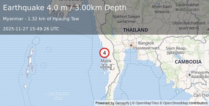 Earthquake MALAY PENINSULA, MYANMAR (4.0 m) (2025-11-27 15:49:26 UTC)