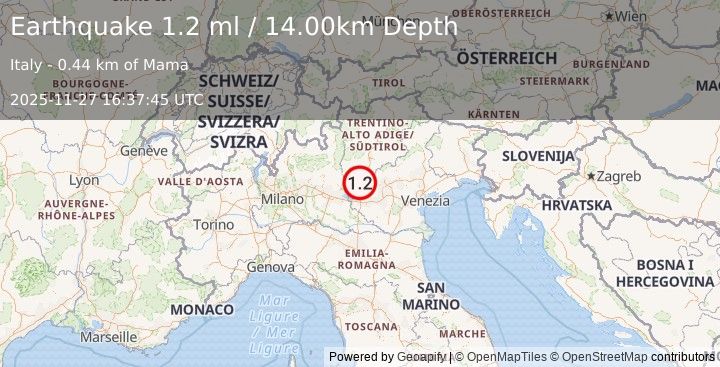 Earthquake NORTHERN ITALY (1.2 ml) (2025-11-27 16:37:45 UTC)