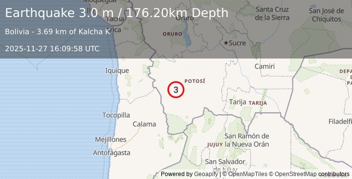 Earthquake POTOSI, BOLIVIA (3.0 m) (2025-11-27 16:09:58 UTC)