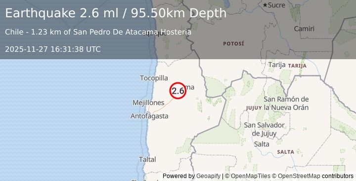 Earthquake ANTOFAGASTA, CHILE (2.6 ml) (2025-11-27 16:31:38 UTC)