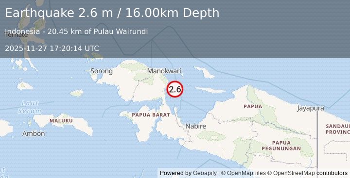 Earthquake NEAR N COAST OF PAPUA, INDONESIA (2.6 m) (2025-11-27 17:20:14 UTC)