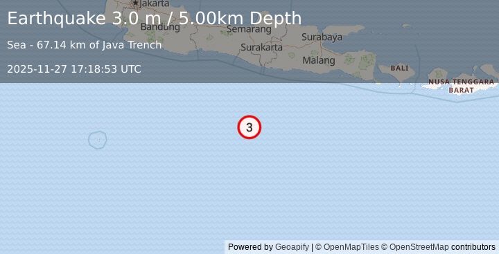 Earthquake SOUTH OF JAVA, INDONESIA (3.0 m) (2025-11-27 17:18:53 UTC)
