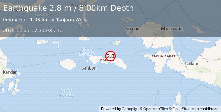 Earthquake SERAM, INDONESIA (2.8 m) (2025-11-27 17:31:03 UTC)