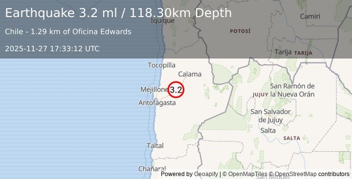 Earthquake ANTOFAGASTA, CHILE (3.2 ml) (2025-11-27 17:33:12 UTC)