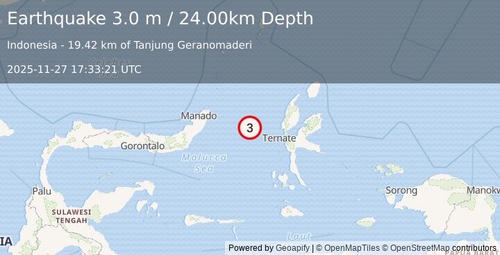 Earthquake MOLUCCA SEA (3.0 m) (2025-11-27 17:33:21 UTC)