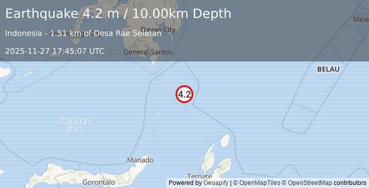 Earthquake KEPULAUAN TALAUD, INDONESIA (4.2 m) (2025-11-27 17:45:07 UTC)