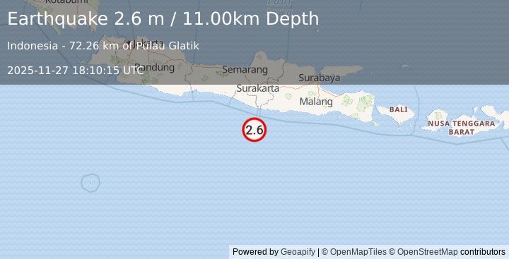 Earthquake JAVA, INDONESIA (2.6 m) (2025-11-27 18:10:15 UTC)