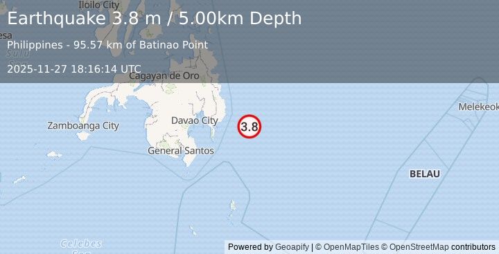 Earthquake PHILIPPINE ISLANDS REGION (3.8 m) (2025-11-27 18:16:14 UTC)