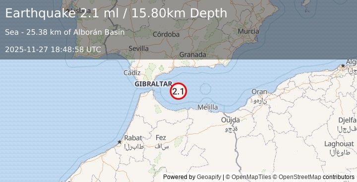 Earthquake STRAIT OF GIBRALTAR (2.1 ml) (2025-11-27 18:48:58 UTC)