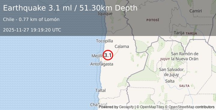 Earthquake ANTOFAGASTA, CHILE (3.1 ml) (2025-11-27 19:19:20 UTC)
