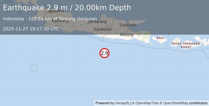 Earthquake SOUTH OF JAVA, INDONESIA (2.9 m) (2025-11-27 19:27:30 UTC)