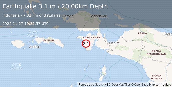 Earthquake NEAR S COAST OF PAPUA, INDONESIA (3.1 m) (2025-11-27 19:32:57 UTC)
