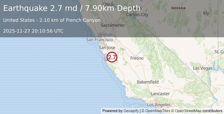 Earthquake CENTRAL CALIFORNIA (2.7 md) (2025-11-27 20:10:56 UTC)