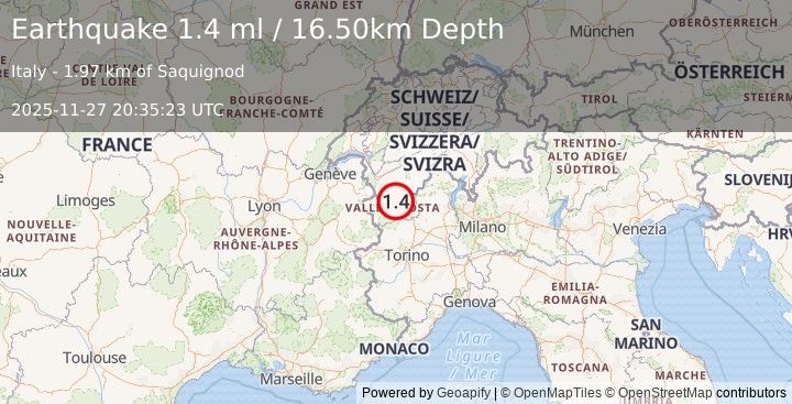 Earthquake NORTHERN ITALY (1.4 ml) (2025-11-27 20:35:23 UTC)