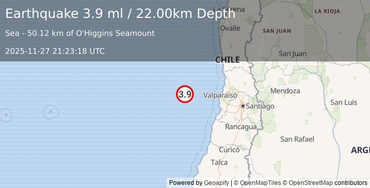 Earthquake OFFSHORE VALPARAISO, CHILE (3.9 ml) (2025-11-27 21:23:21 UTC)