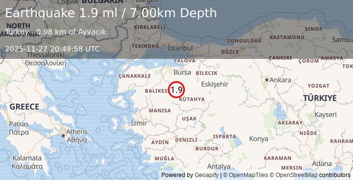 Earthquake WESTERN TURKEY (1.9 ml) (2025-11-27 20:49:58 UTC)