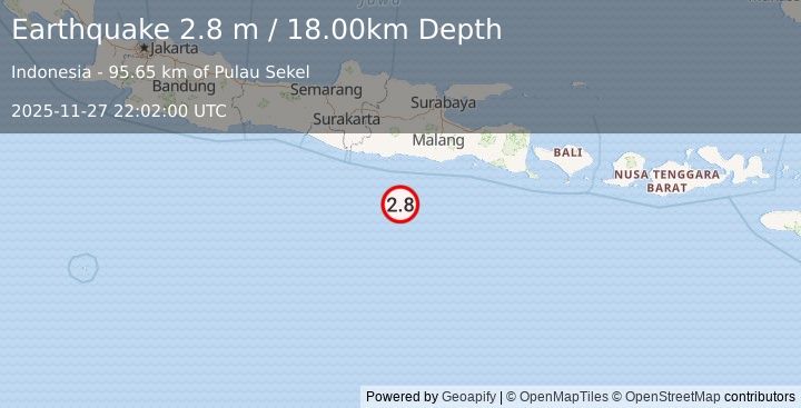 Earthquake SOUTH OF JAVA, INDONESIA (2.8 m) (2025-11-27 22:02:00 UTC)