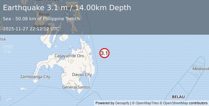 Earthquake PHILIPPINE ISLANDS REGION (3.1 m) (2025-11-27 22:12:12 UTC)