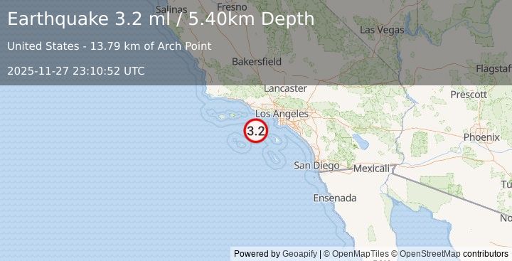 Earthquake CHANNEL ISLANDS REG., CALIFORNIA (3.2 ml) (2025-11-27 23:10:52 UTC)