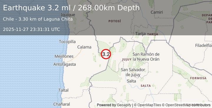 Earthquake ANTOFAGASTA, CHILE (3.2 ml) (2025-11-27 23:31:31 UTC)
