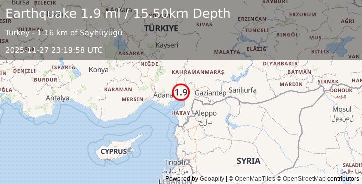 Earthquake CENTRAL TURKEY (1.8 ml) (2025-11-27 23:19:57 UTC)