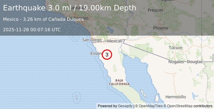 Earthquake BAJA CALIFORNIA, MEXICO (3.0 ml) (2025-11-28 00:07:16 UTC)