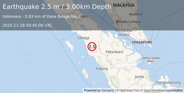 Earthquake NORTHERN SUMATRA, INDONESIA (2.5 m) (2025-11-28 00:45:09 UTC)