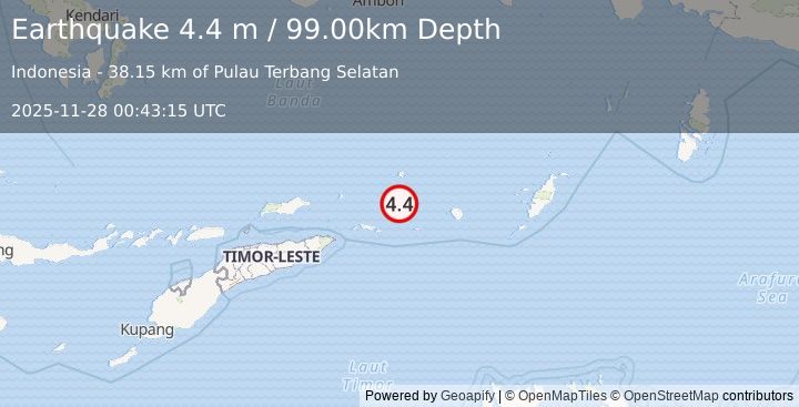 Earthquake KEPULAUAN BARAT DAYA, INDONESIA (4.4 m) (2025-11-28 00:43:15 UTC)