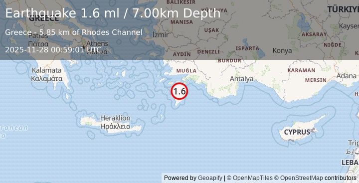 Earthquake DODECANESE IS.-TURKEY BORDER REG (1.6 ml) (2025-11-28 00:59:01 UTC)