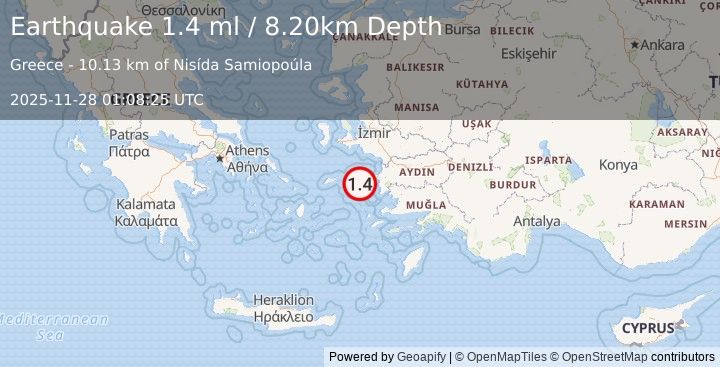 Earthquake DODECANESE ISLANDS, GREECE (1.4 ml) (2025-11-28 01:08:25 UTC)