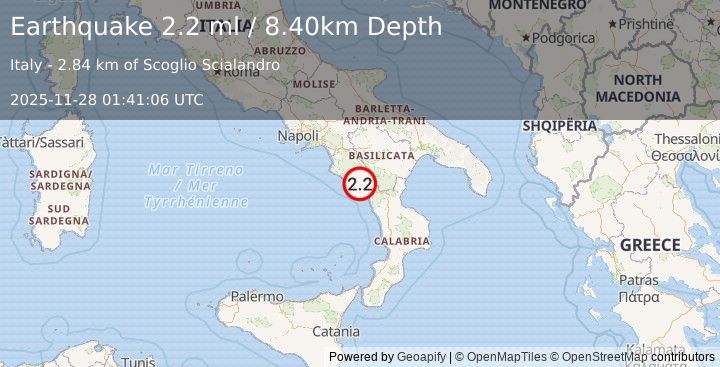 Earthquake SOUTHERN ITALY (2.2 ml) (2025-11-28 01:41:06 UTC)