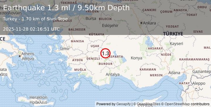 Earthquake WESTERN TURKEY (1.3 ml) (2025-11-28 02:16:51 UTC)