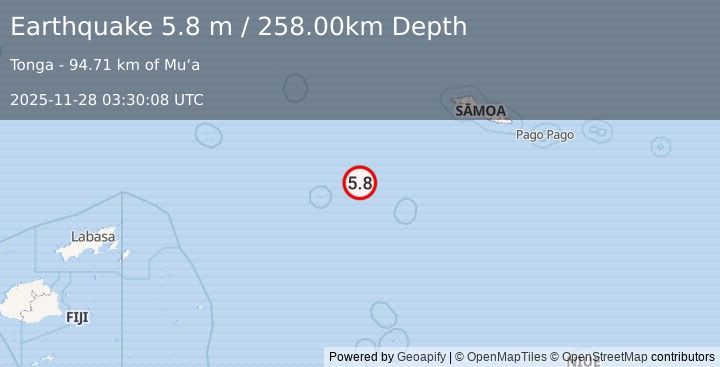 Earthquake TONGA (5.8 m) (2025-11-28 03:30:08 UTC)